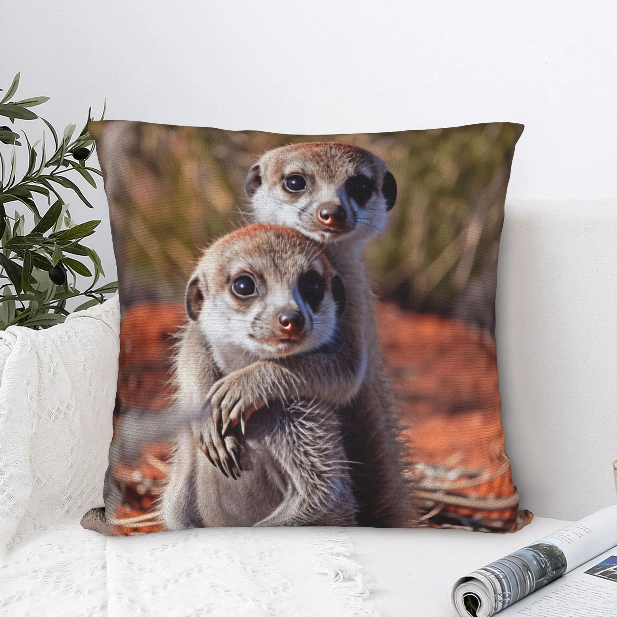 Two Baby Meerkats Hugging On Red Soil Pillow Case  Novelty Pillow Cover Soft Pillowcases For Office Car Home Decor