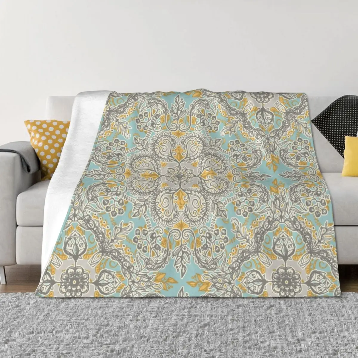

Gypsy Floral in Soft Neutrals, Grey & Yellow on Sage Throw Blanket sofa bed Plaid wednesday Flannel Fabric Blankets