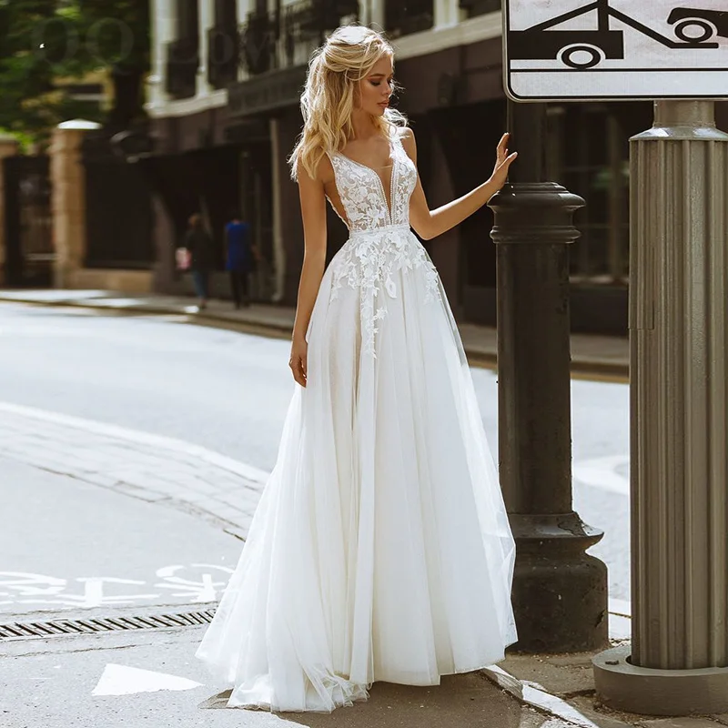 Vestidos De novia bohemios personalizados con cuello en V, apliques De encaje, corte en A, vestido De novia De tul, vestido De novia sencillo para playa, Vestidos De novia 2023