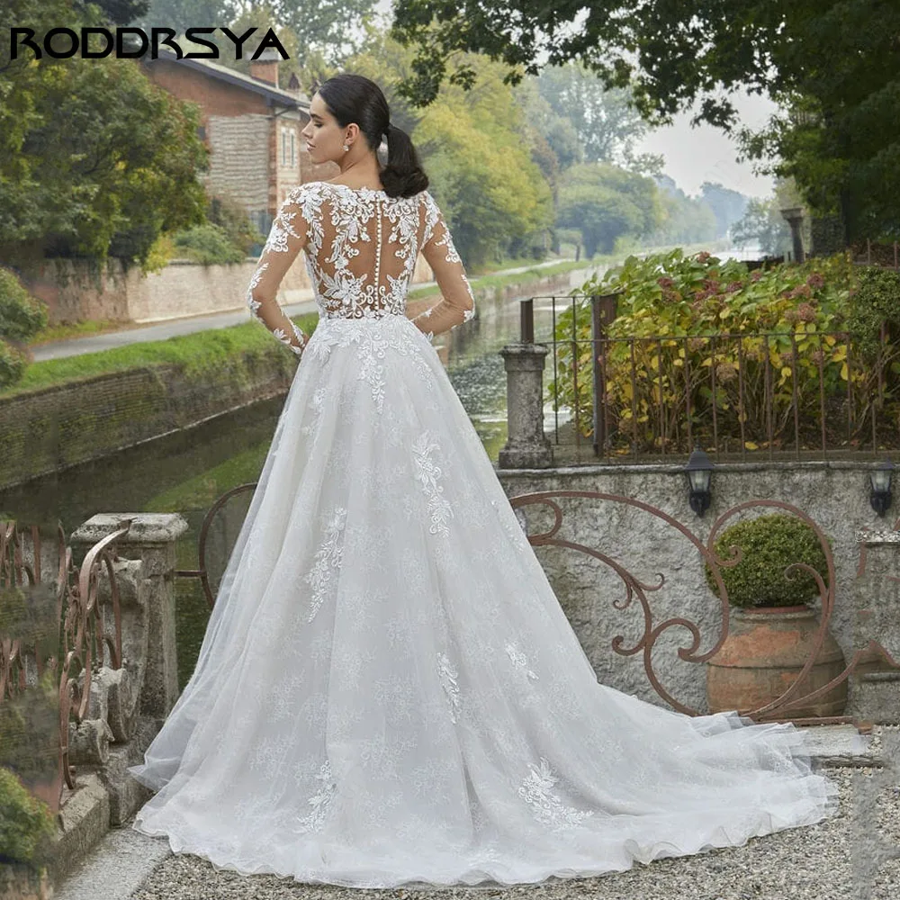 Roddsya exquisito vestido de novia de encaje de manga larga en V cuello TUL ilusión de hilo RODDRSYA-Vestido De Novia De encaje De manga larga con cuello en V, tul, ilusión De línea A, botón trasero, apliques De encaje