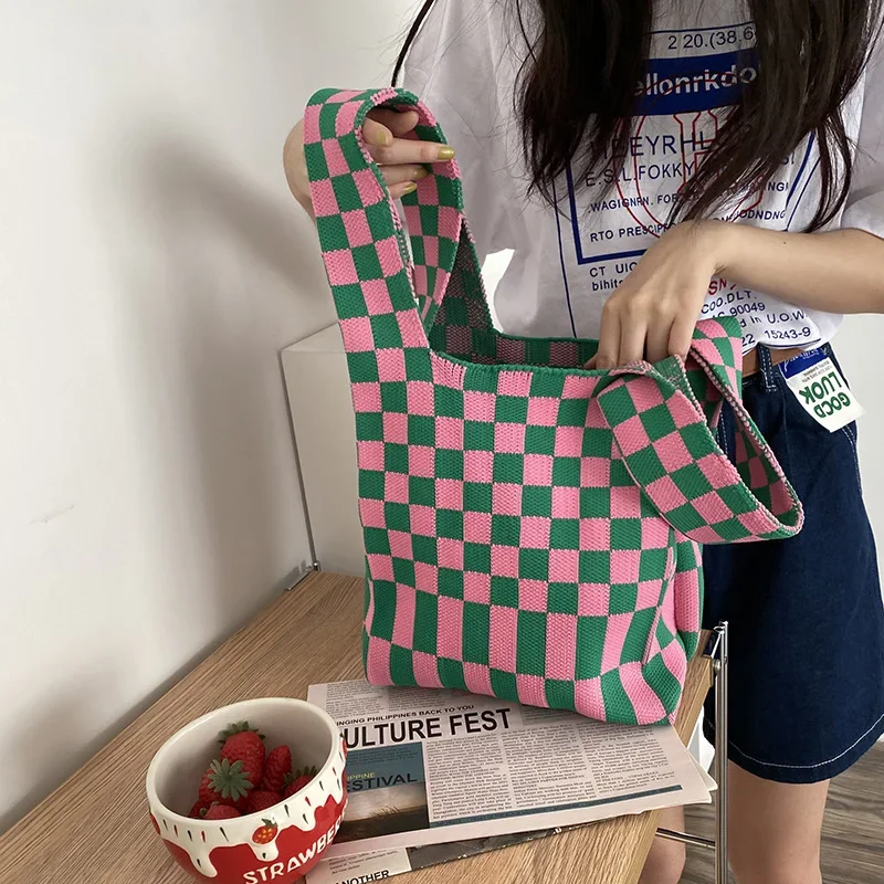 Knitting Fabric Women Handbag Chequer Chess Design Eco Small Shopping Bag Decoration Purses Woolen Plaid Cloth Tote for Ladies