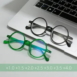 Retro Green Small Round Frame Reading Glasses Ultra light Presbyopic Eyeglasses Anti-blue Light Hyperopia Eyewear Diopter +4.0