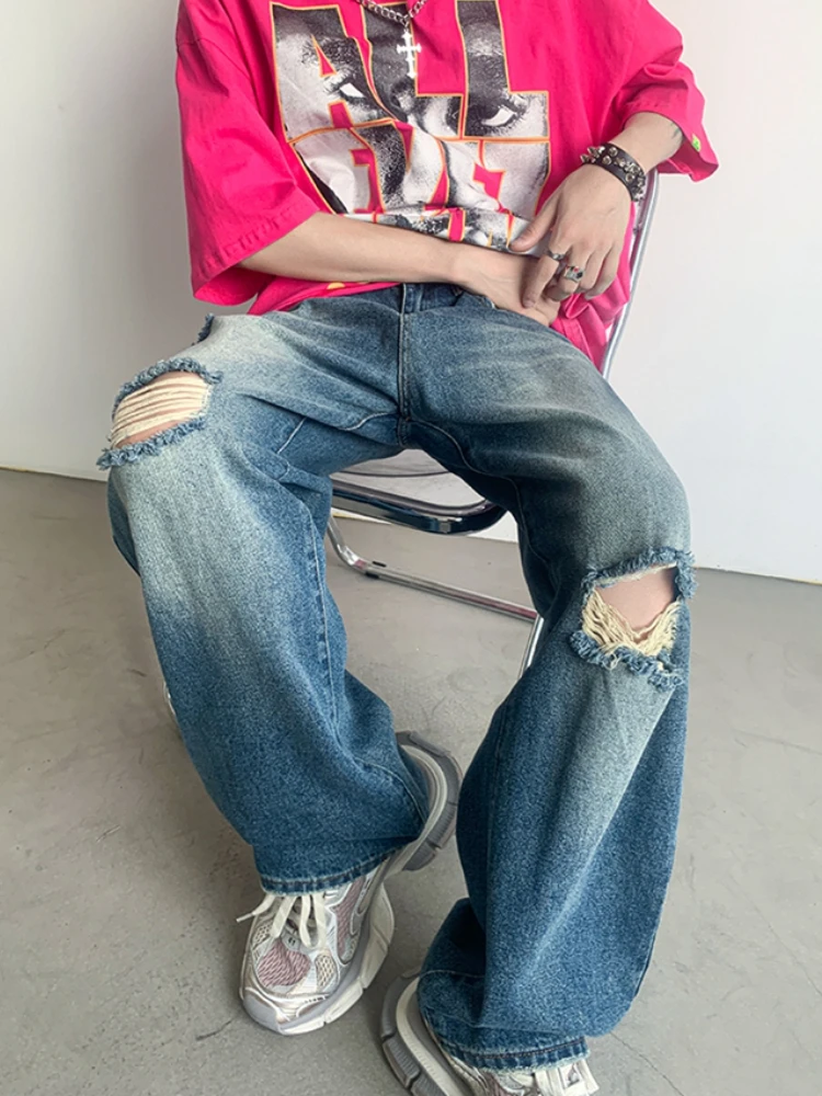 Ripped Vintage Jeans Men Hip Hop American Retro Streetwear Denim Trousers Y2k Clothes S-3XL Hole Wide Leg Vaqueros Washed Teens