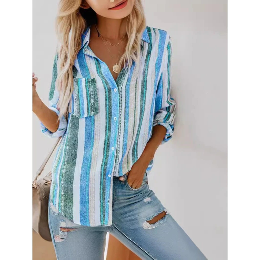 

Повседневный женский кардиган Long Sve irt 2024, весенний кардиган свободного покроя с принтом в полоску и одной пуговице, модный Versa...