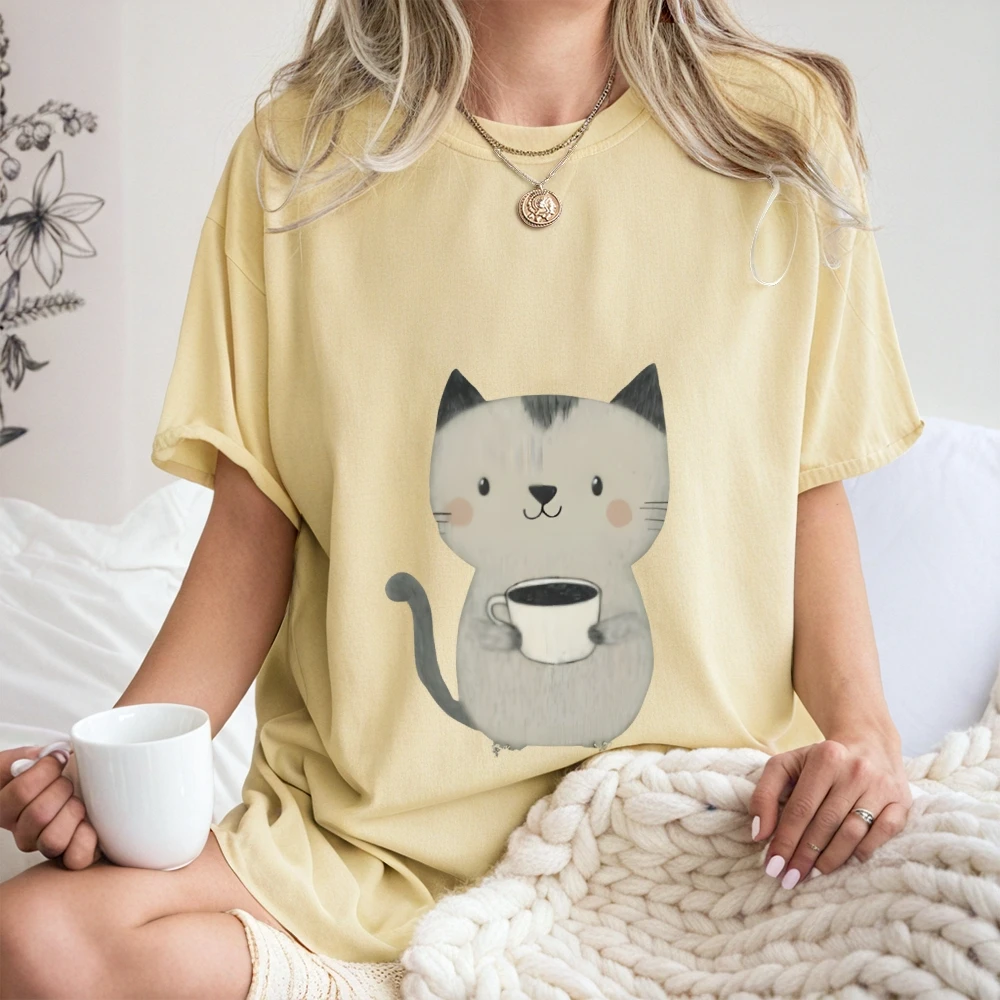 Camiseta gráfica Coffee Kitty para mujeres y hombres, estilo Retro Y2K a la moda, Color cómodo, Top de verano de gran tamaño, transpirable