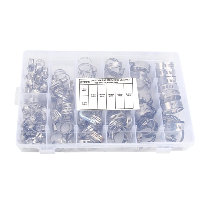 120pcs / Box 304 Stainless Steel Hose Clamps Mixed Packing Hose Collar Clip Stainless Steel Hose Clamp 8-38mm Series Assembled
