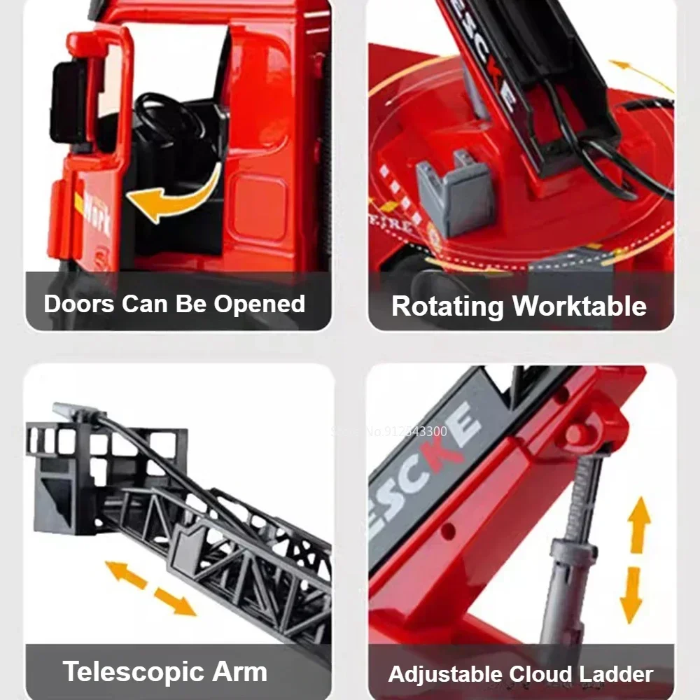 1:18 escada modelo de motor de incêndio, carro de brinquedo, luz, música, corpo de liga, spray de água, modelos de veículos, presentes de aniversário para crianças