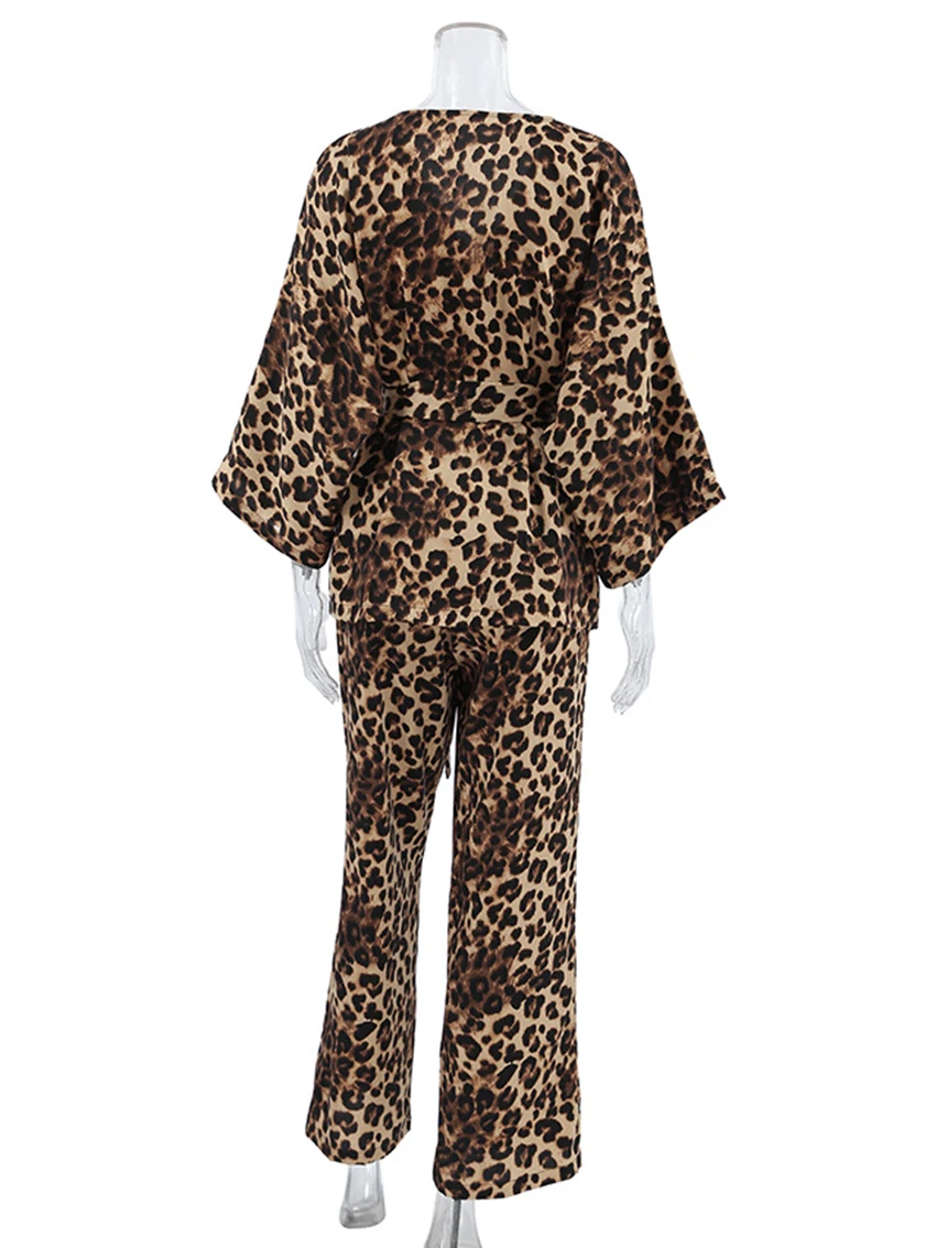 Marthaqiqi Leopard Print Women Sleepwear Suit Sexy V-Neck Pajama Lace Up Nightie Long Sleeve Pyjamas Pants Nightwear 2 Piece Set