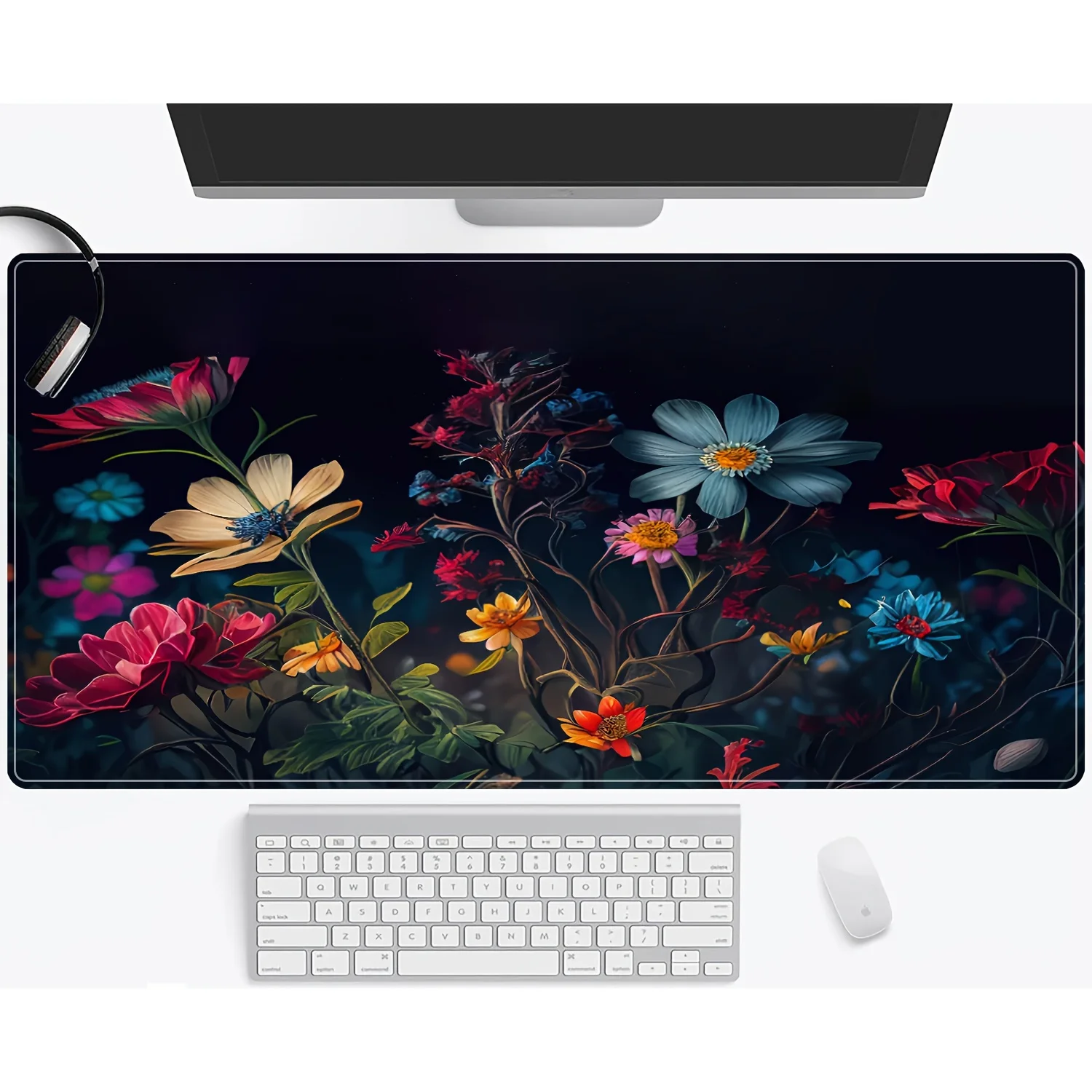 

Большой игровой коврик для мыши Night Bright Wildflower — настольный коврик со швом, нескользящая водонепроницаемая резиновая основа, красочный цветок d