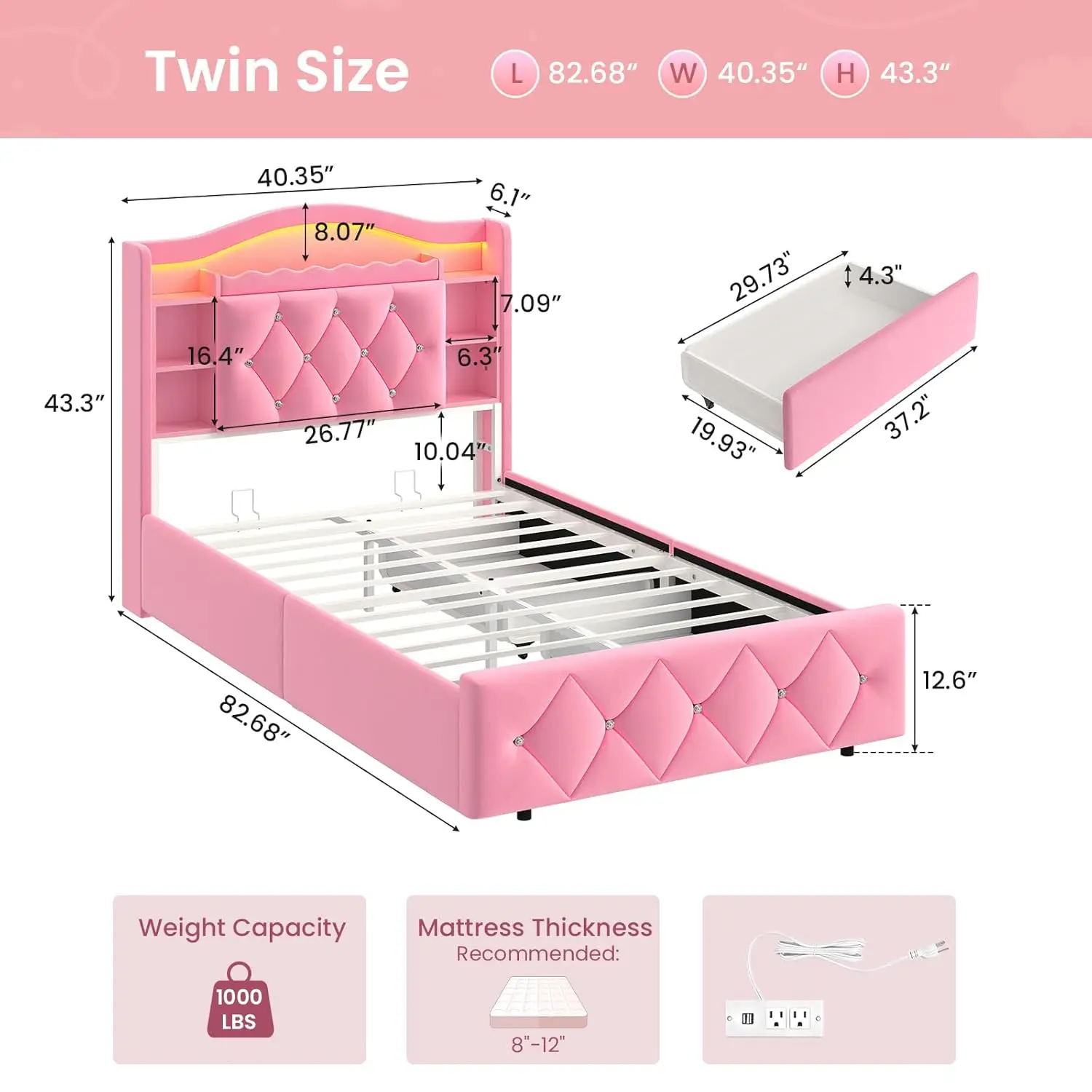 Cama de Solteiro para Meninas com Gavetas de Armazenamento, Cabeceira com Estante, Luzes LED e Tomadas Elétricas, Diamante, Personalizada