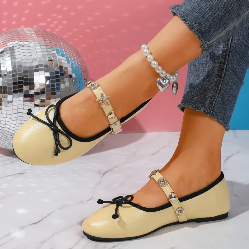 Metal Decorative One Word Buckle Super Soft Single Shoes Fashion Large Round Head Flat Shoes