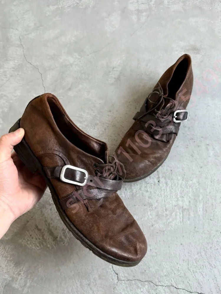 2026 Retro Distressed Brown Leather Oxford Shoes Men Metal Buckle Lace Up Low Heel Retro Casual Handmade Daily Dress Footwear view 2