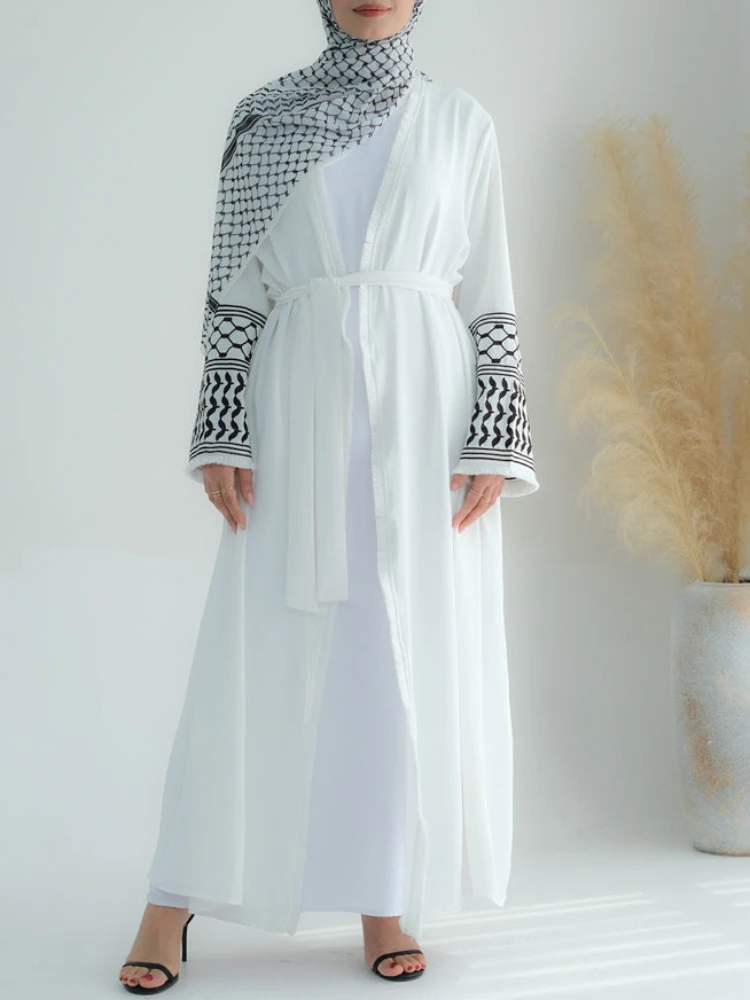 

Ramadan Eid Keffiyeh White Open Abaya Kimono Palestine Embroidery Muslim Abayas for Women Dubai Luxury Islam Hijab Dress Kaftan