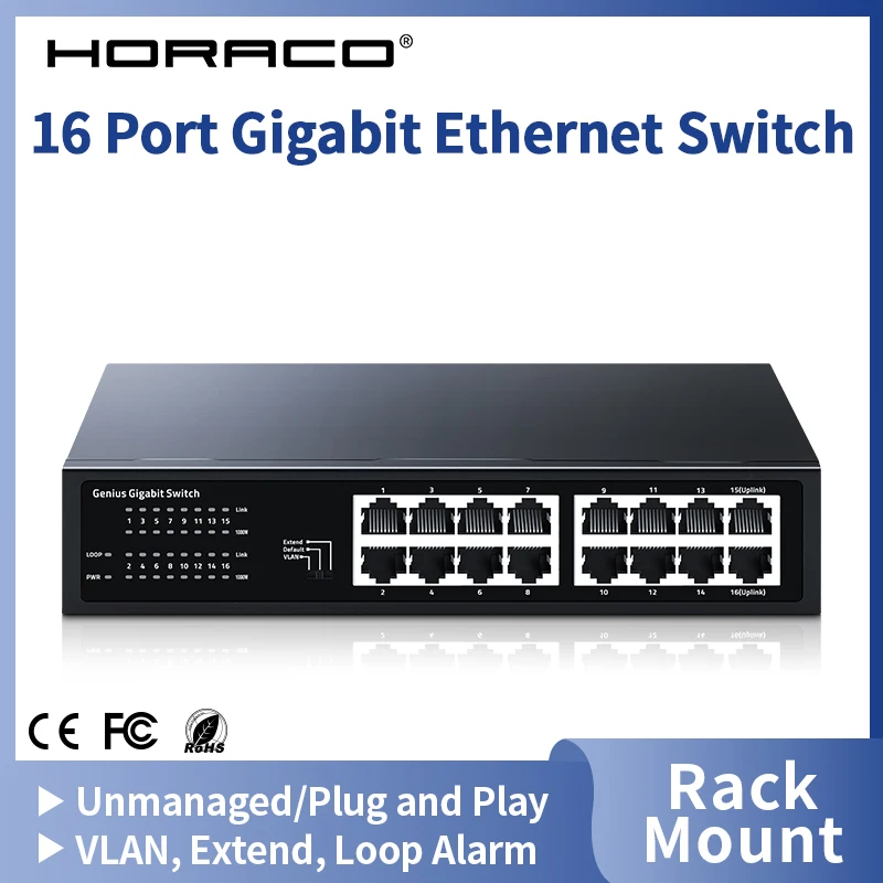 

Коммутатор HORACO на 16 портов Gigabit Ethernet, 1000 Мбит/с, быстрый интеллектуальный сетевой коммутатор-хаб, интернет-сплиттер с VLAN, QoS, сигнализацией о циклическом петле