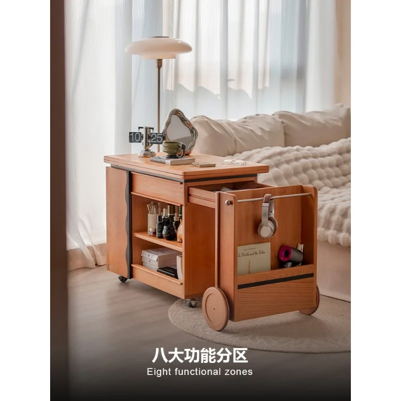 無垢材折りたたみ式回転モバイルトロリーキャンプエッジチェリーウッドホームバルコニーリビングルームソファサイドキャビネット