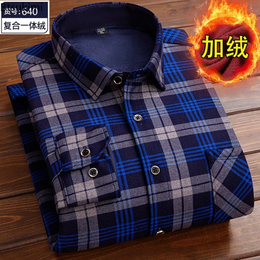 2024 Men\'s Keep Warm Shirts Top Autumn Winter Fleece Warm Long Sleeve Printed Plaid Shirts Men Lapel Tops Men\'s Clothing Shirts