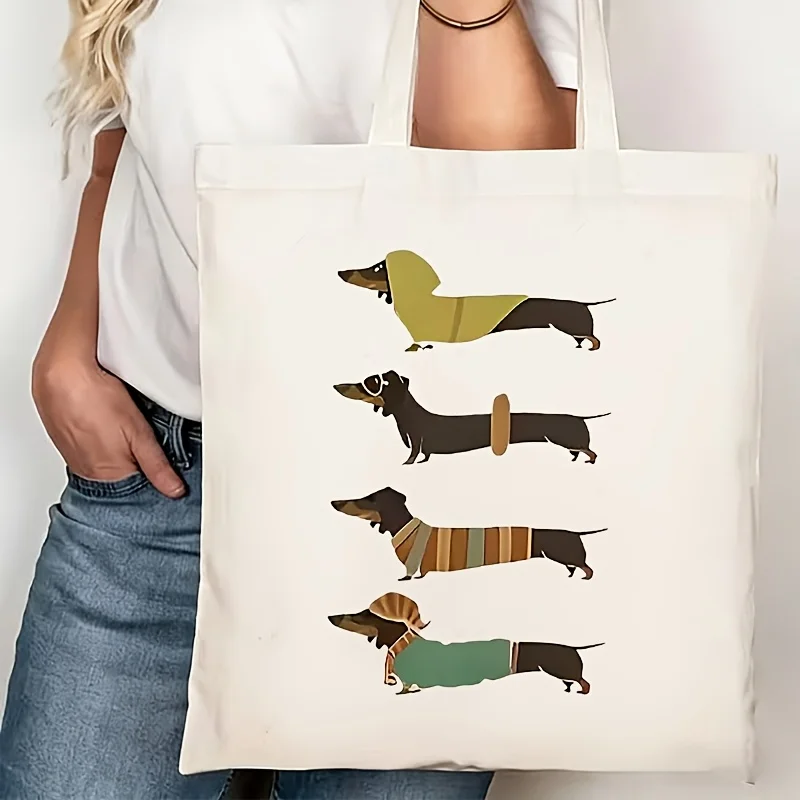 Cute Dachshund Tote Bag, Four Cartoon Sausage Dog Outfits Print Reusable Shopping Bag, Pet Lover Gift for Women, Perfect for Mot
