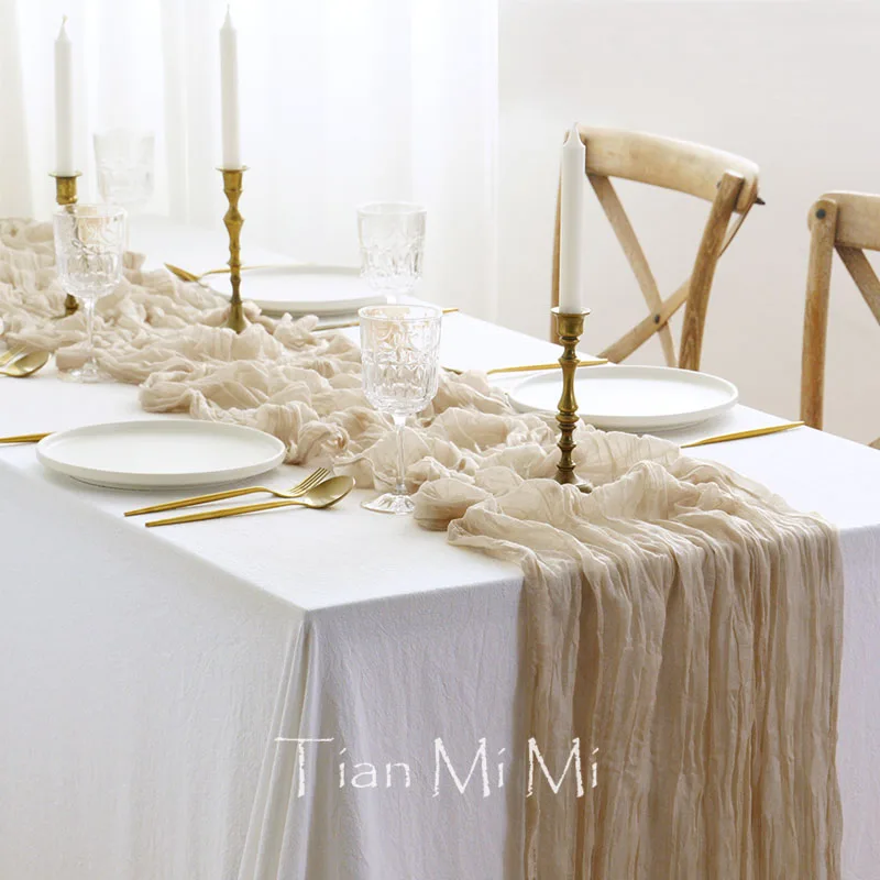 Lovely Semi-Sheer Gauze Table Runner Beige Cloth Cheesecloth Adding Delight To Rural Retro Wedding and Party Table Settings