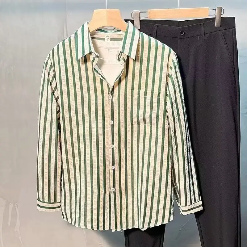 

Retro Striped Long Sleeve Men's Shirt Loose BF Versatile Vintage Casual Shirt Jacket Trendy Brand Standard Fit Polyester Fiber