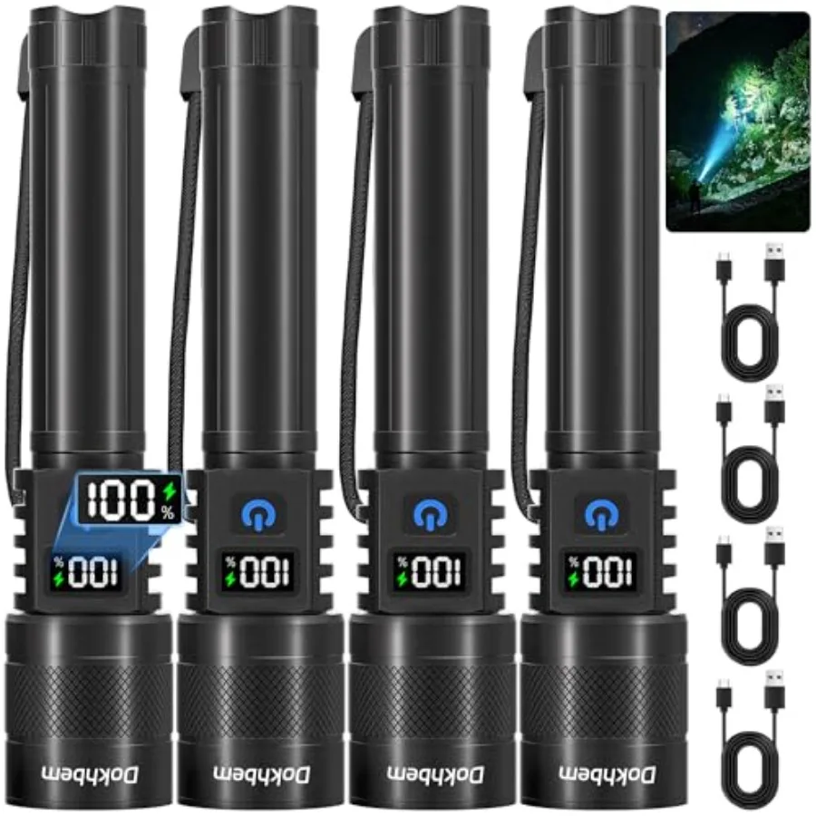 4Pack Rechargeable LED Flashlight 9000LM Zoomable with LCD Display 5 Modes, 9000 Lumens, LCD display, zoomable, waterproof, for