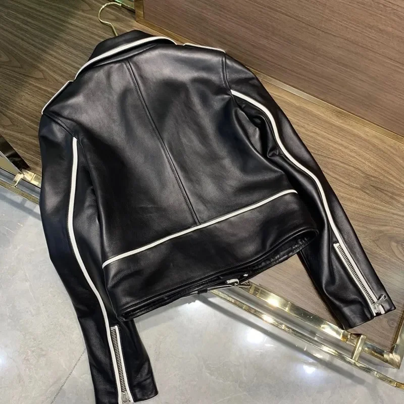 Kurze Frauen Echt leder Biker Jacke Streetwear schlanke Schaffell Mantel elegante Büro Reiß verschluss voller Ärmel Damen Oberbekleidung S-XL