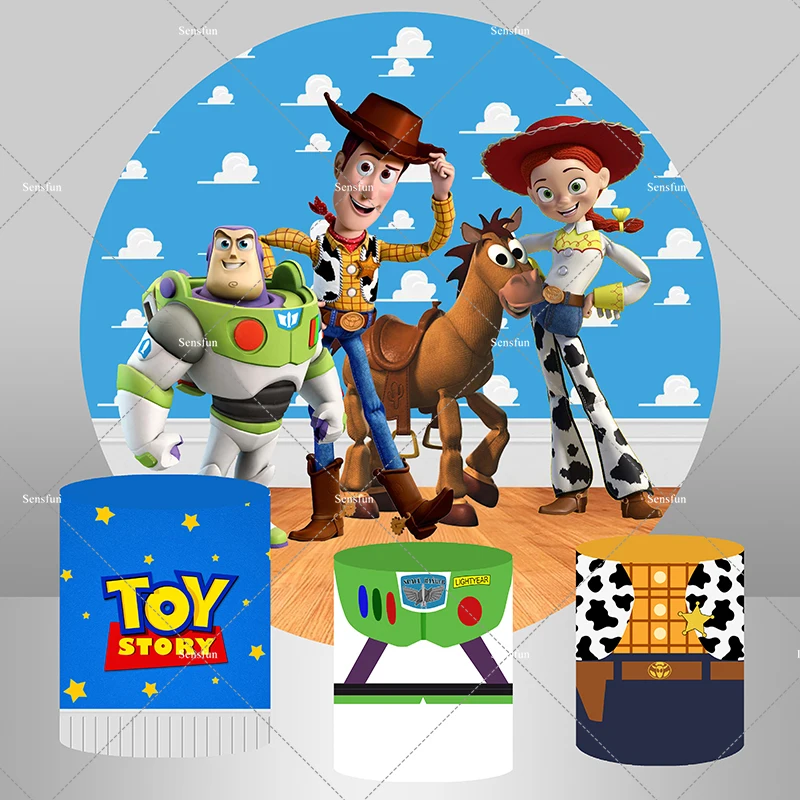 Cartoon Toy Story Round Backdrop for Photography Sky Blue Clouds Baby Shower Boys Happy Birthday Party Background Cylinder Cover