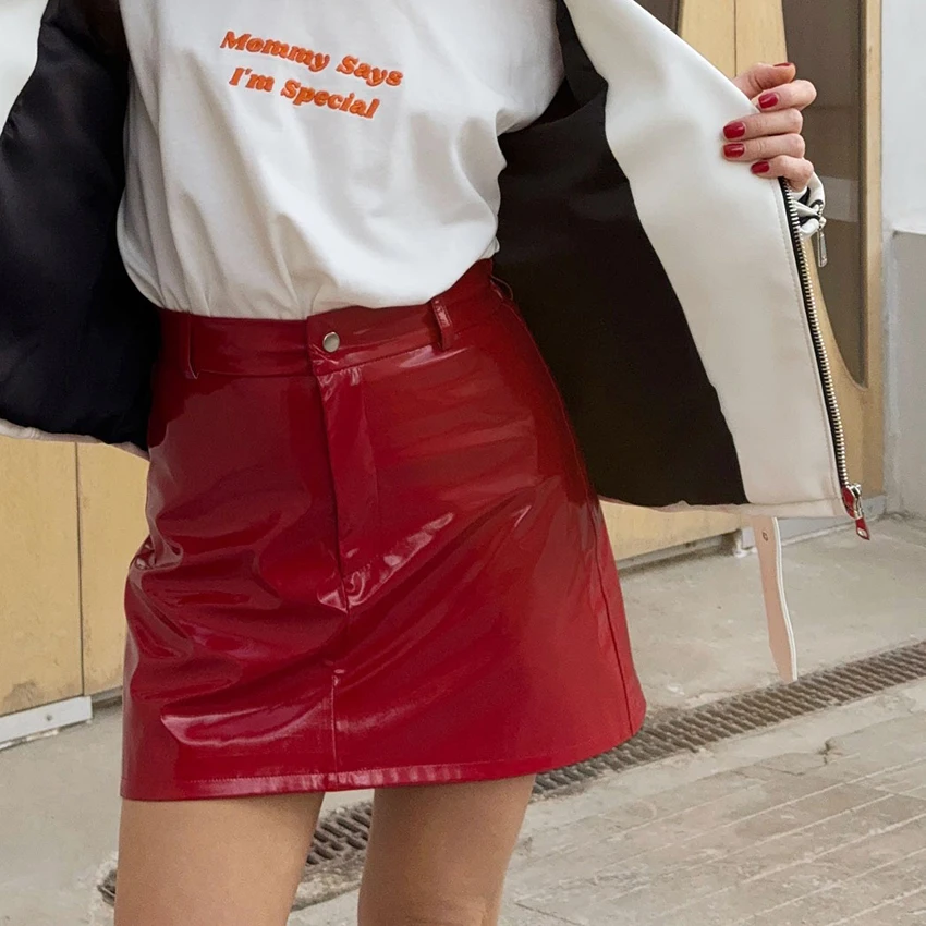 Linad Street Chic Red PU A Line التنانير للنساء مثير عالية الخصر تنورة صغيرة الخريف أنيقة الصلبة سليم سستة التنانير 2025 زر