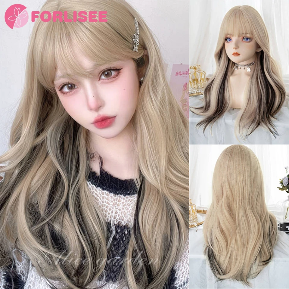 FORLISEE Synthetic Wig Female Long Hair Natural Bangs Hanging Ear Dye Fashion Jk High Temperature Silk Lolita Long Curly Hair