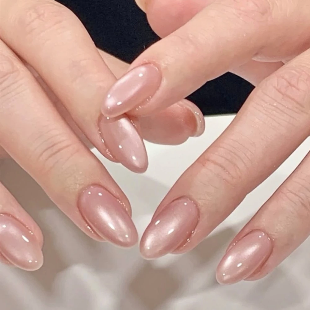

Sparkling Solid Color Nude Cat Eye Almond Nail Art Fashion Wearable Fake Nails Detachable Finished False Nails Press on Nails