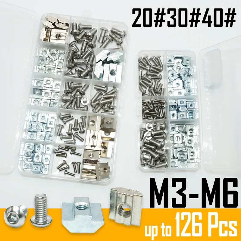 

126p/set T Sliding Square Nut and 304 Stainless Steel Hex Screw M3 M4 M5 M6 for Slot Sliding Nut in Connection Aluminum Profile