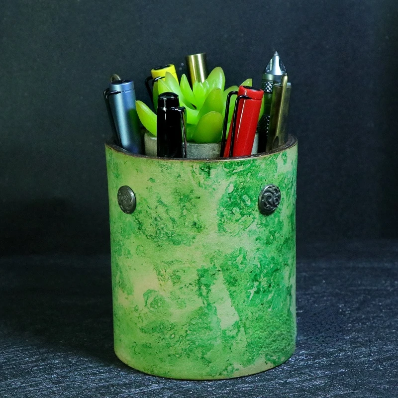 Handmade Vintage Leather Pen Holder Office Stationery Storage Green Fresh Leather Ornaments  Desk Organizer Stationery