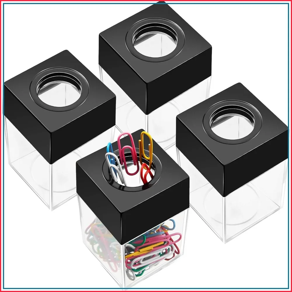 Magnetic Paper Clip Dispenser Set of 4 - Compact Desk Organizer for Office & School, Black