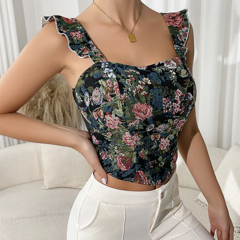 

Floral Corset Sleeveless Crop Tops Camisole Elegant Women French Bodyshaper Bustier Clubwear Tank Top Streetwear Fashion Outfits