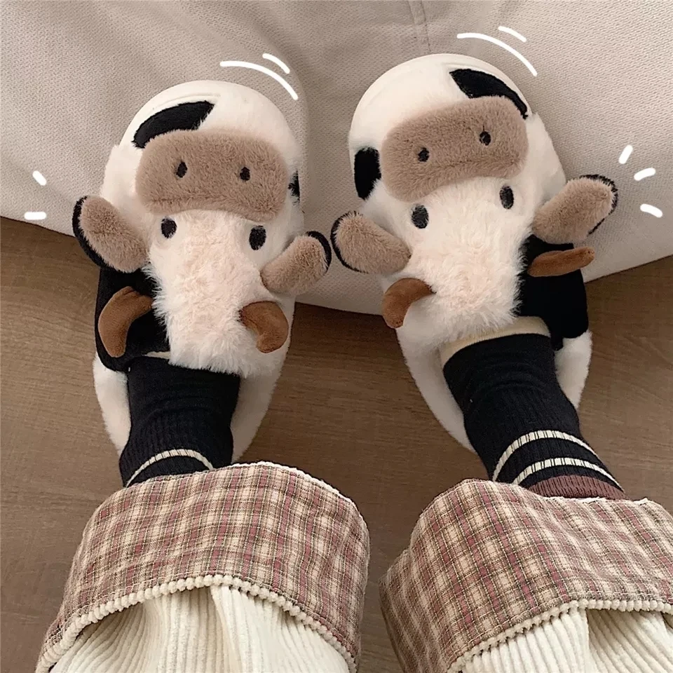 Comwarm Cute Furry Slipper For Women Girls Winter Fashion Milk Cow Fluffy Warm Slippers Woman Cartoon Animal  Home Cotton Shoes