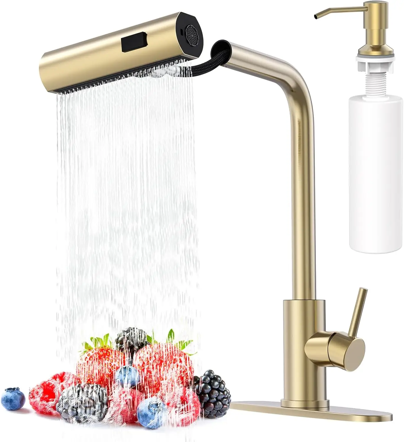 

Brushed Gold Waterfall Kitchen Faucets with Pull Down Sprayer & Soap Dispenser, Single Hole & Handle, Pull Out Tap, Stainless St