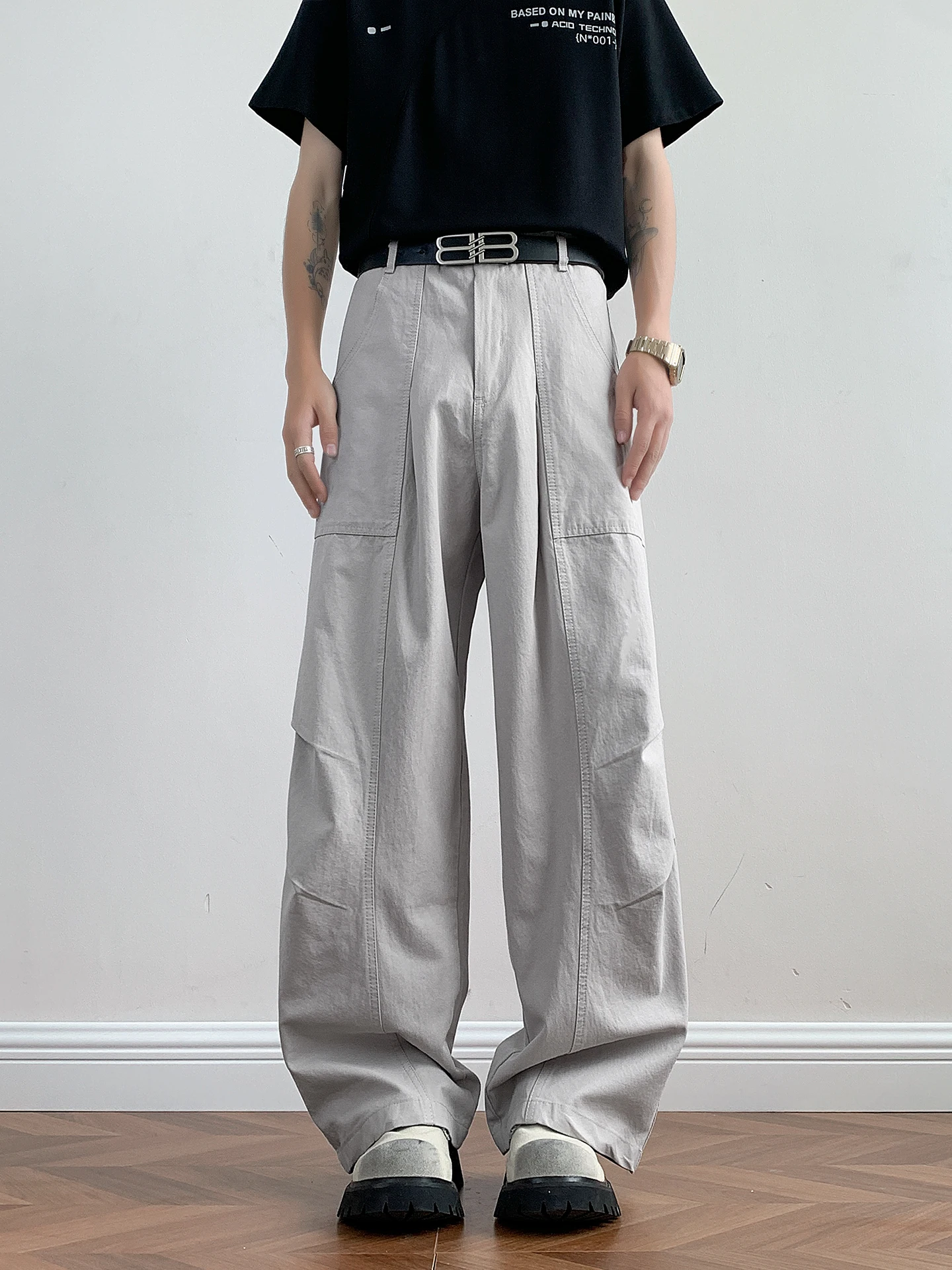 Waed Vintage Men's Casual Pants Loose Drapey Workwear Summer High Street Versatile Pleated Straight Leg Trousers