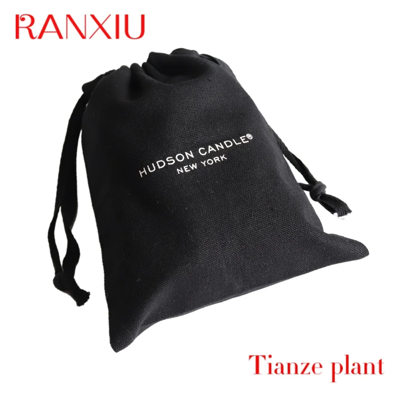 Custom High quality medium black cotton canvas dust bag with white printing logo for cap shoe hats packaging storage drawstring 