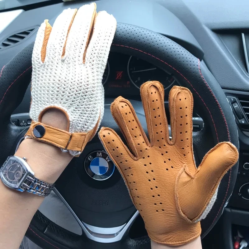 Fashion Men Leather Gloves Sheepskin Men\'s Motorcycle Riding Unlined Four Seasons Thin Car Driving Full Finger Driver Mittens