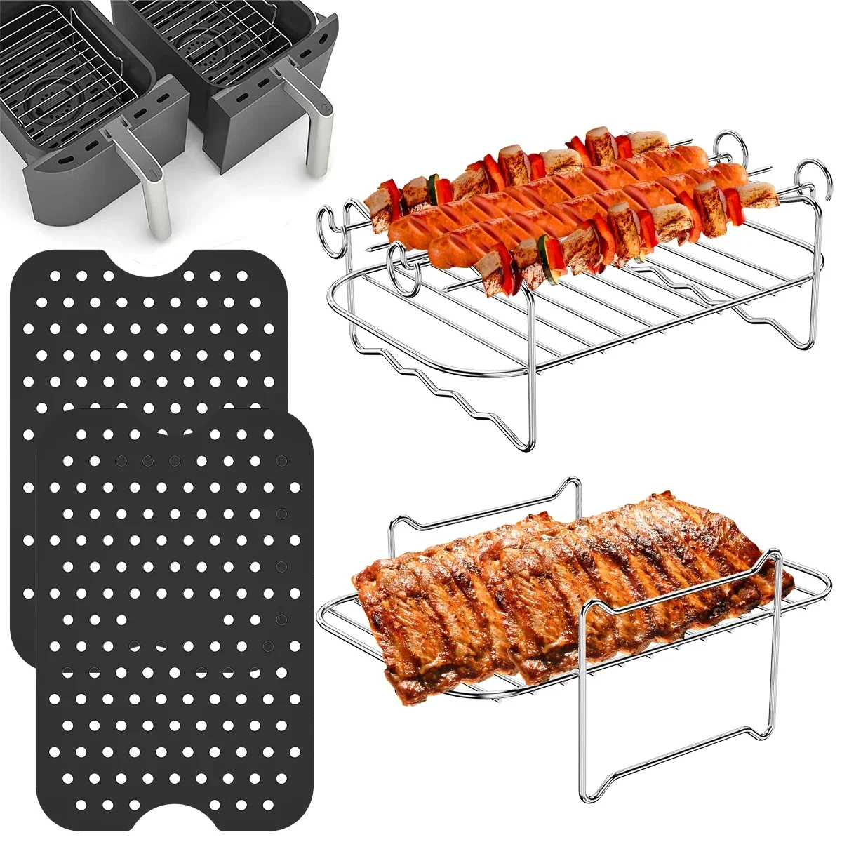 4Pc Air Fryer Accessories Set with 2Air Fryer Silicone Mat 2Stainless Steel Air Fryer Rack w/ 4Skewers Non-Stick Air Fryer Liner