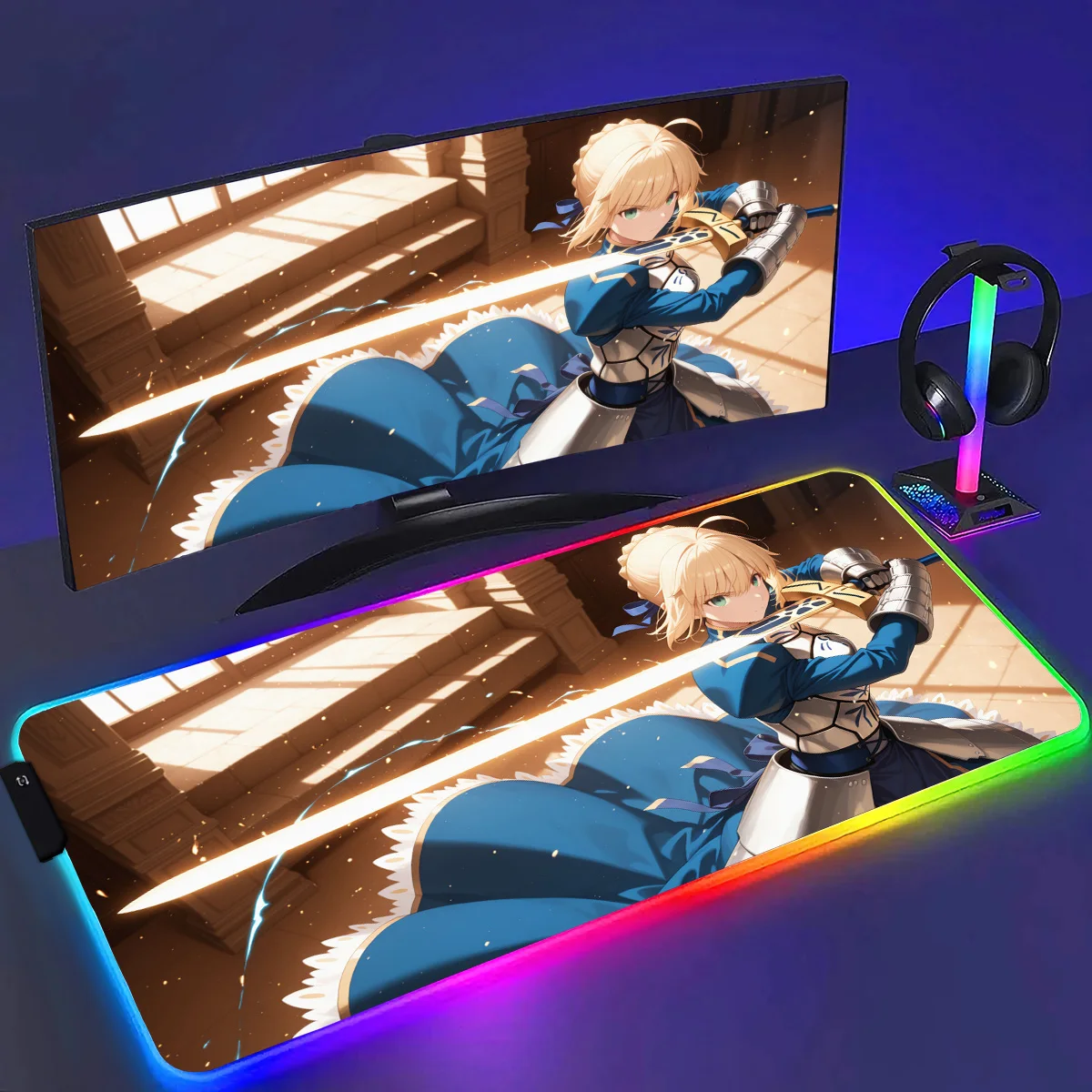 RGB Anime Fate Sabre MousePad E-Sports Laptop Gamer Bureau Mat Accessoires Antislip Computer Gaming Toetsenbord Grote Muismat