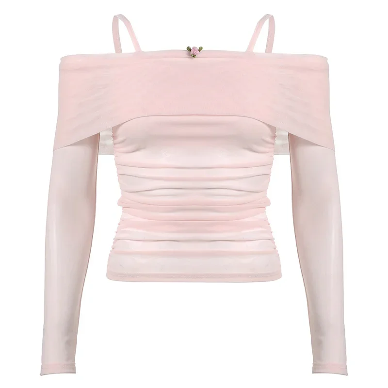 Pink Two Piece Tops Women Summer Long Sleeve Cute Mesh T-shirt for Sweet Girls Kawaii Clothes