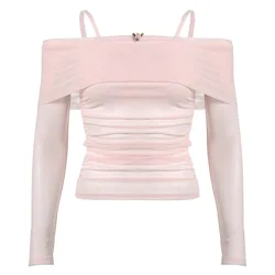 Pink Two Piece Tops Women Summer Long Sleeve Cute Mesh T-shirt for Sweet Girls Kawaii Clothes