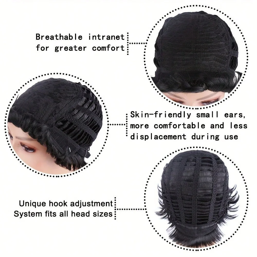 قصيرة عابث الباروكات قصيرة أسود مجعد عابث الباروكات الاصطناعية خصلات الشعر المستعار الطبيعي متموج أسود عابث قطع شعر مستعار قصير مجعد الطبقات عابث #5