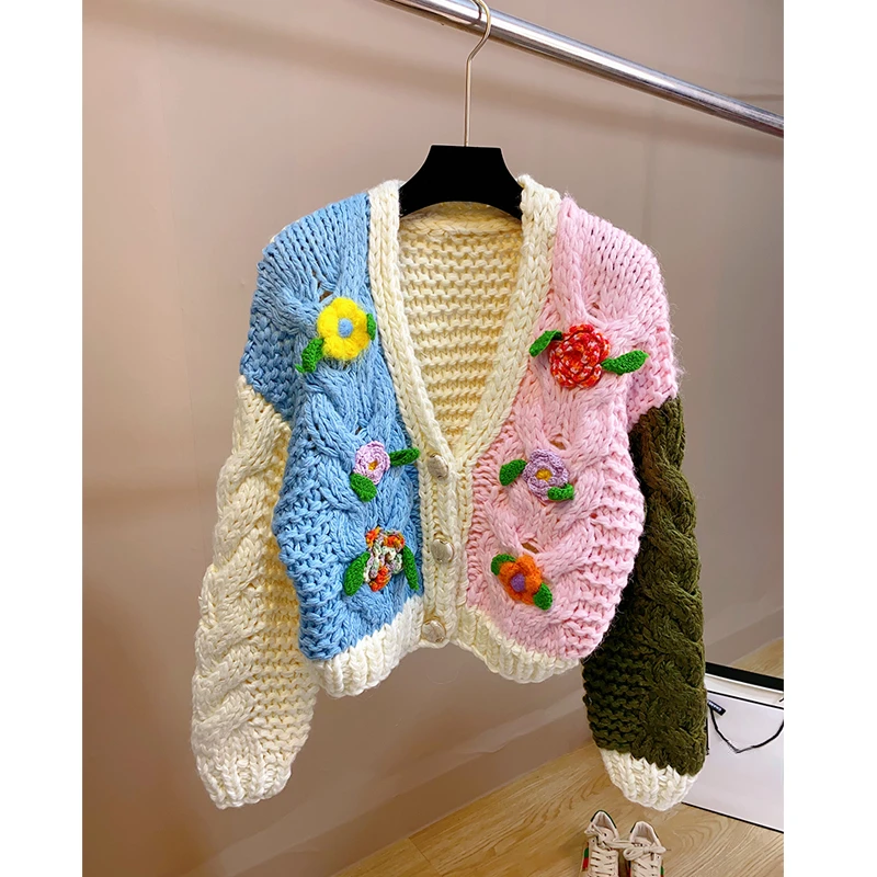 Women Handmade Floral Multicolor Chunky Cardigan 2023 Sweet Winter Knit Top Women Clothes