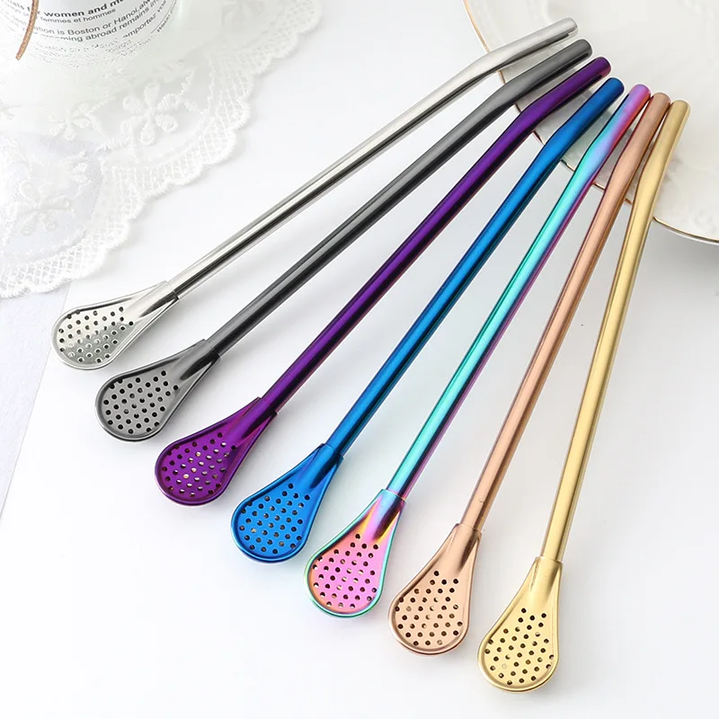 Reusable Straws Metal Stainless Steel Drinking Straw Milk Drinkware Creative Mixing Spoon Milk Tea Coffee Bar Party Accessories