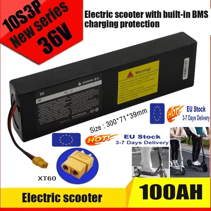 Batterie au lithium rechargeable 36V 100Ah, 18650 10S3P, 500W, batterie de scooter électrique 36V modifiée avec BMS, prise XT60 XT30