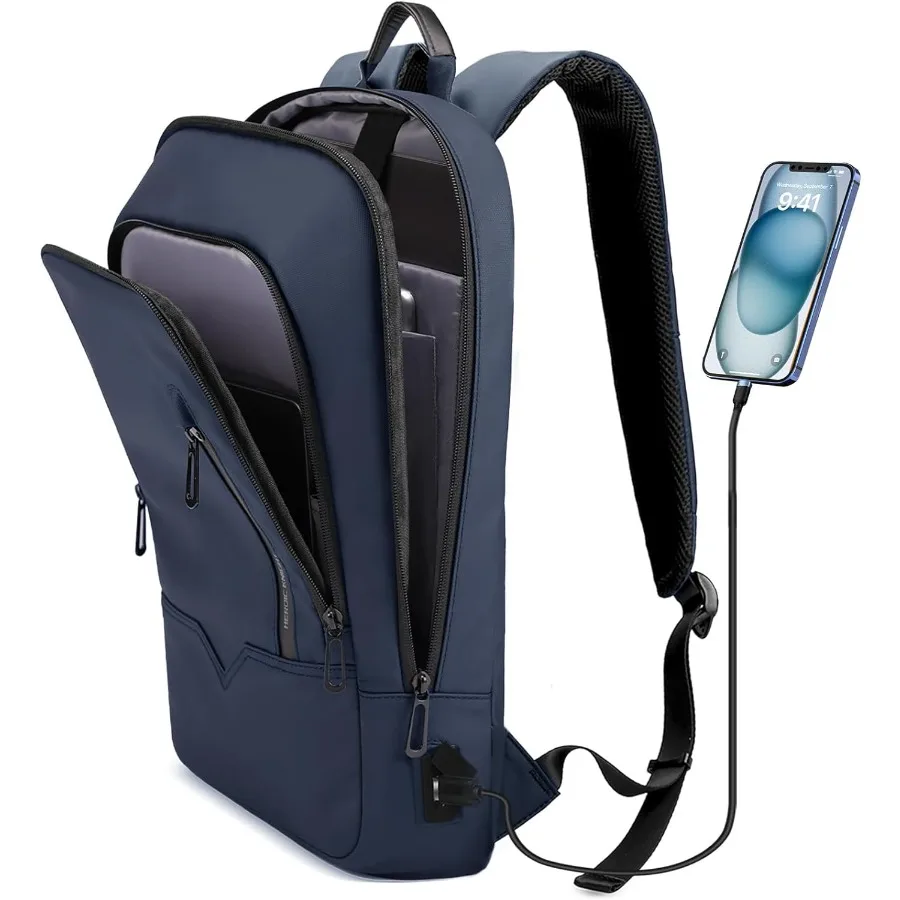 hk Backpack for Men Business Slim Backpack with USB Charger Computer Lightweight Anti-theft Travel Dark Blue 17.3 Inch