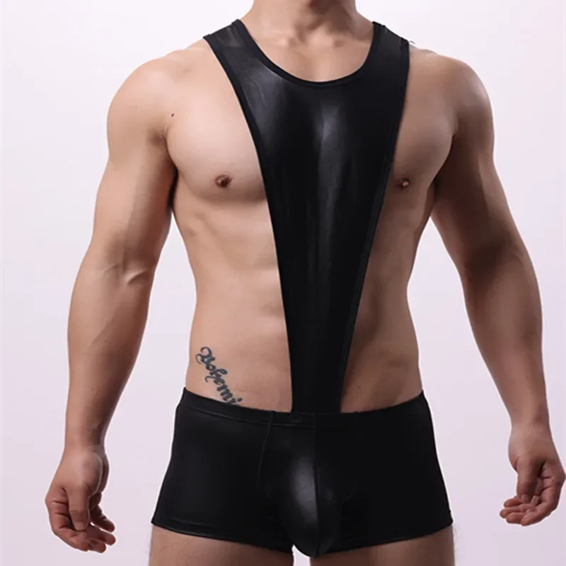 

Men's onesie imitation leather underwear fitness sports vest solid color fashion simple