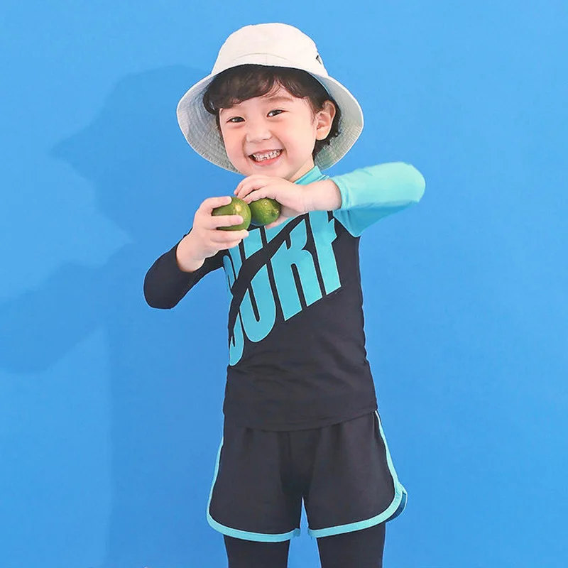 Children Three Pieces Suit Letter Print Swimsuit Beachwear Kid Cool Cartoon Swimwear 2023 Baby Short Sleeve Bathing Suit