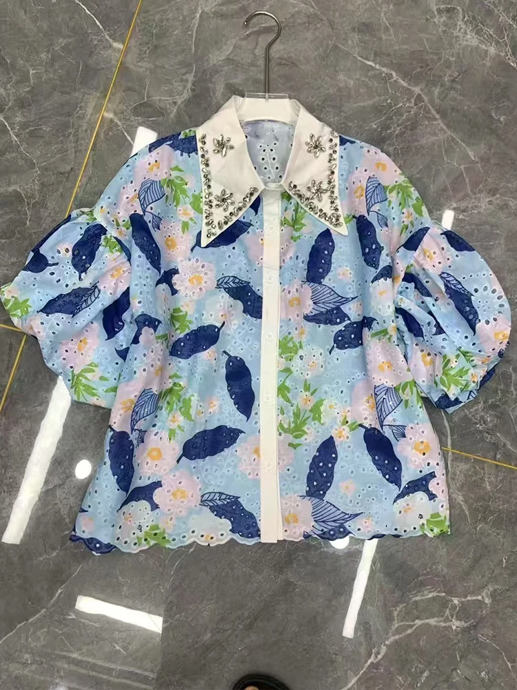 

Heavy industry diamond lapel bubble sleeve fashion loose shirt 2025 summer new openwork embroidery printing Joker slim blouse.